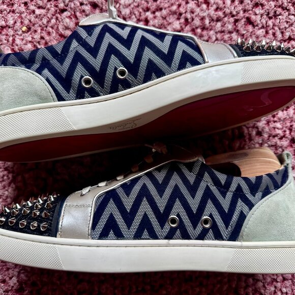 Louboutin Junior Spikes Sneakers – Blue Chevron Canvas, Grey Leather Stud S 41 - Picture 7 of 7